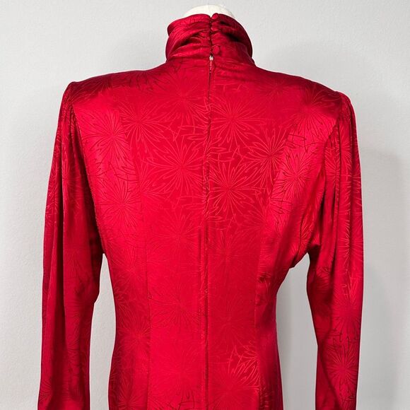 Vtg 80s David Josef 100% Silk Midi Dress Red Jacquard Neiman Marcus M Holidays - Picture 15 of 16